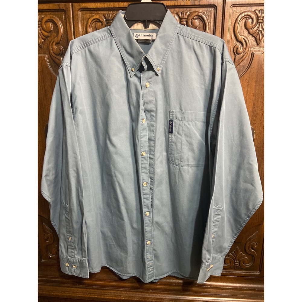 Columbia Mens Blue Gray Long Sleeve Button Down Shirt Large Twill Pocket Logo